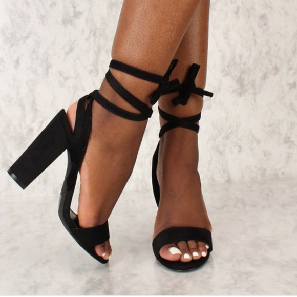 Shoes - Black suede lace up block heels